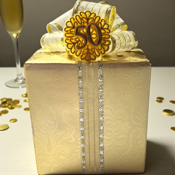 Pretti Pak 50th Anniversary Wind Up Music Box Gold Gift Plays Anniversary Song - Picture 1 of 10